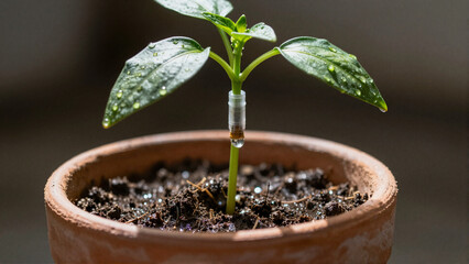 Precision Drip Irrigation Emitter above Potted Pepper Seedling with Moist Soil