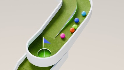 Mini golf theme marble race. Golf course marble run. Golf ball ball race. 3d Rendering
