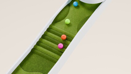 Mini golf theme marble race. Golf course marble run. Golf ball ball race. 3d Rendering