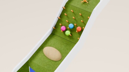 Mini golf theme marble race. Golf course marble run. Golf ball ball race. 3d Rendering