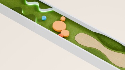 Mini golf theme marble race. Golf course marble run. Golf ball ball race. 3d Rendering
