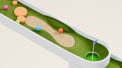 Mini golf theme marble race. Golf course marble run. Golf ball ball race. 3d Rendering