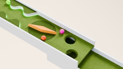 Mini golf theme marble race. Golf course marble run. Golf ball ball race. 3d Rendering