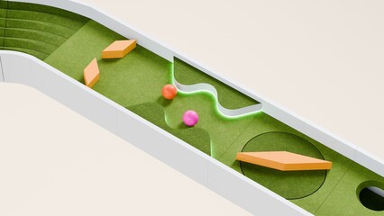 Mini golf theme marble race. Golf course marble run. Golf ball ball race. 3d Rendering