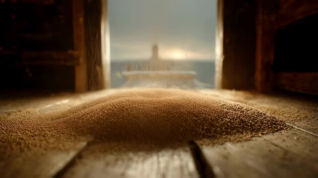 A detailed image of grains flowing through a transparent funnel highlighting the individual kernels as they drop into the silo with the ships deck visible in the background streaked