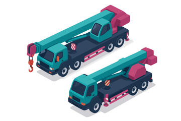 Two powerful mobile crane trucks ready for heavy lifting construction projects on a white background