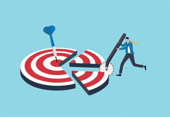 Break down big goal into small achievable goals, success strategy to focus on short, medium and long term goals to achieve final accomplishment, businessman break down dartboard target into chunks.