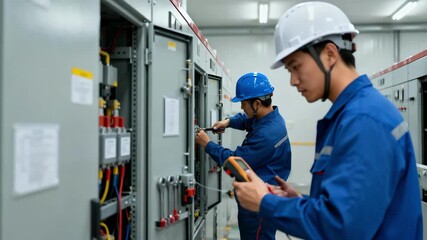 Medium shot focusing on technicians performing maintenance on upgraded distribution switchgear systems to ensure operational safety and efficiency.