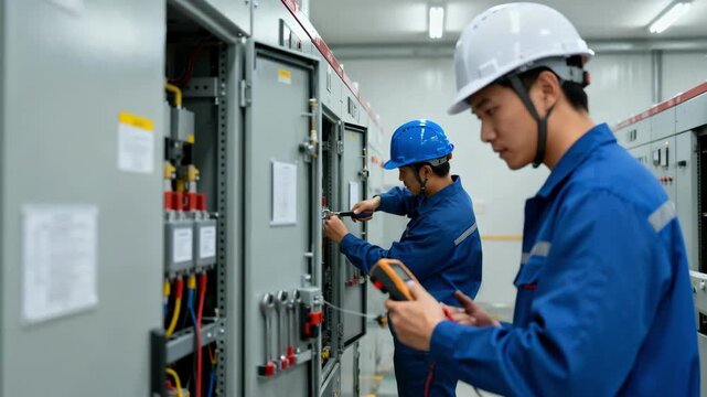 Medium shot focusing on technicians performing maintenance on upgraded distribution switchgear systems to ensure operational safety and efficiency.