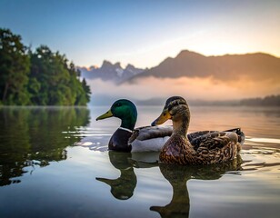 Two ducks float gently on serene lake with scenic mountain backdrop