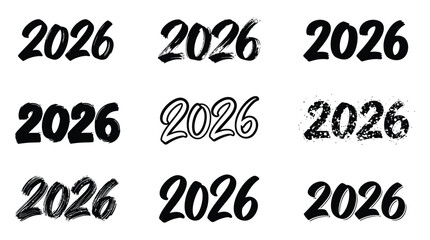 2026 year hand drawn brush stroke number set