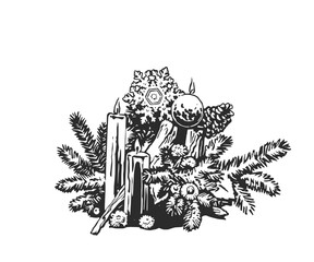 Christmas hand drawn black and white composition of candles, fir branches, and Christmas tree decorations. Vintage illustration