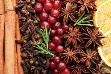 Different spices, fresh rosemary, cranberries and dry orange slices for mulled wine as background, top view