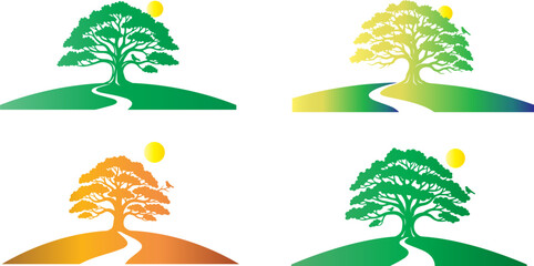 Four variations of a tree landscape logo with a sun on a black background