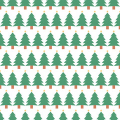 Seamless pattern of cute green Christmas trees with stars on white.