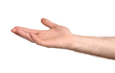 Man holding something on white background, closeup