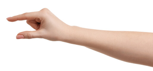 Fototapeta premium Woman showing size of something on white background, closeup