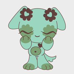 A cute anime puppy with flowers. A funny chibi character. Cartoon character design.