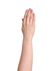 Obraz premium Woman showing gesture with hand on white background, closeup