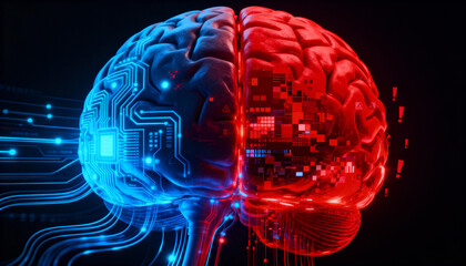 Futuristic Digital Brain with Blue and Red Neural Circuits on Dark Background
