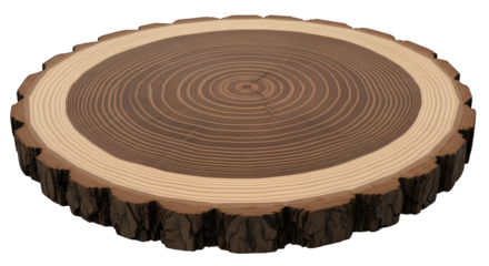 Realistic natural wood slice cross-section with distinct growth rings, natural bark edge, and a smooth polished top surface, isolated on transparent background