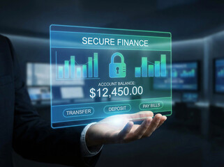 Secure finance hologram interface floating above hand in dark office