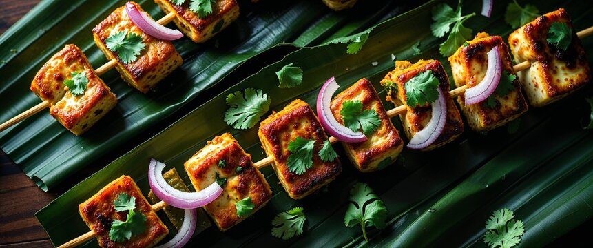 Traditional Paneer Tikka appetizer, smoky from the tandoor, on a sizzler platter with lemon