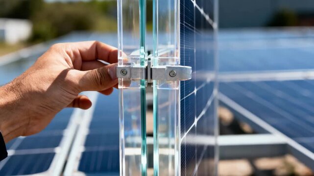 Closefocused view on hands securing vertical bifacial panels with clear seethrough surfaces that optimize sunlight capture from front and rear.