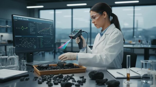 Scientist examining coal samples with handheld spectroscope in lab analyzing chemical properties to determine coal grade quality.