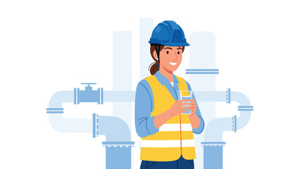 Smiling female engineer enjoying clean water after hard work at the plant, promoting health and safety in modern industry
