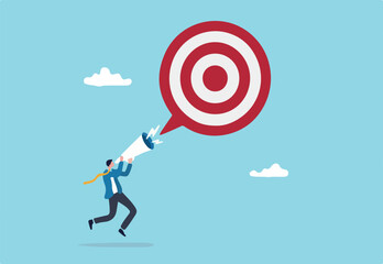 Announce new year goal, resolution or business objective, target or purpose, motivation to success or challenge, business agenda concept, businessman announce new goal or target with megaphone.