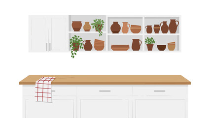 Fototapeta premium Charming rustic kitchen counter setup showcasing earthy pottery and vibrant green houseplants on white cabinetry