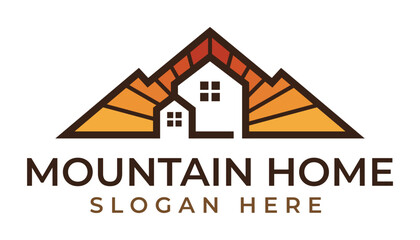 Mountain home villa logo design template with sunrise or sunset