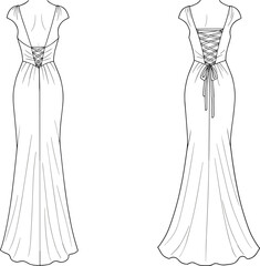 Elegant lace-up back evening gown fashion sketch, detailed dress design template, formal wear technical artwork – cad drawing flat vector illustration