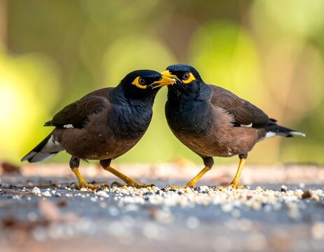 Two mynas engaged in a touching moment with food on a blurred background
