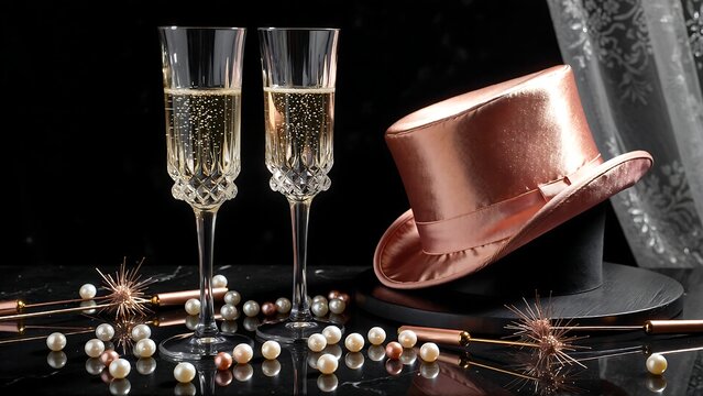 Elegant New Year celebration setup with sparkling champagne flutes and a stylish rose gold top hat
