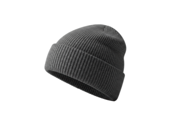 a thick, ribbed charcoal heather grey wool knit beanie hat, featuring a folded cuff and natural slouch, isolated on a high-key transparent studio background with copy space. concept for premium winter