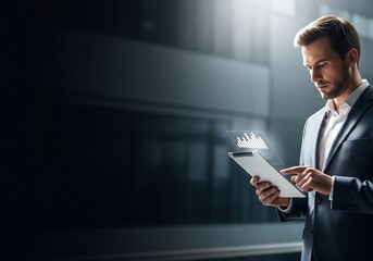 Dynamic businessman analyzes market trends on tablet, driving business growth in modern office, envisioning success with data insights and strategic planning