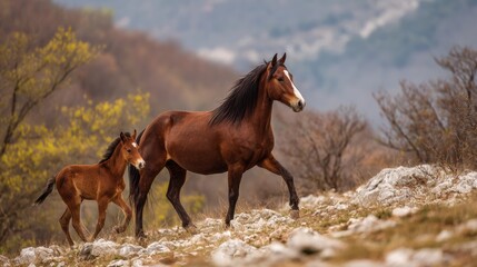 Obraz premium Mare Walks With Foal in a Natural Setting Showcasing Strong Bond and Protection