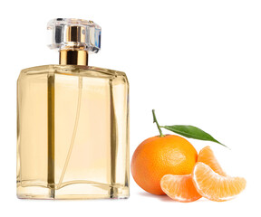 Citrus perfume and fresh tangerines isolated on white