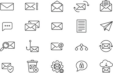 Email and Messaging Outline Icon Collection, Featuring Open Envelope, Spam Protection, Paper Plane, and Forward Symbols, Representing Online Communication and Digital Mail Vector Set.