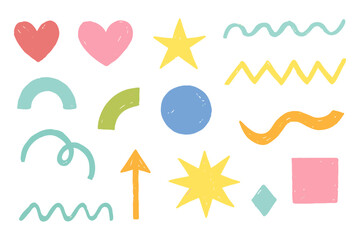 Cute Crayon Shape Set Hand Drawn Pastel Hearts Stars Arrows Lines Abstract Doodle Vector Illustration