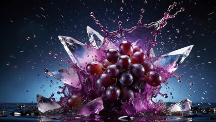 Stunning burst of vibrant purple grape juice splashing dramatically around frozen ice crystals