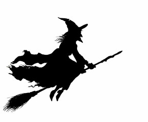 Bewitching Vintage Silhouette of a Witch Soaring on a Broomstick against a Captivating Backdrop