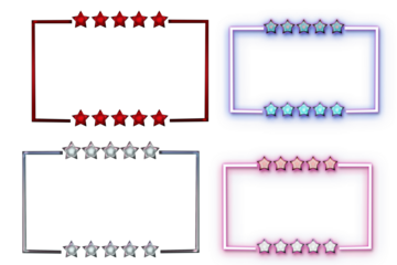 Neon and glossy rectangle shape with stars frame. Glowing neon border isolated on transparent background. Shine glow light neon design elements.. Banner, 