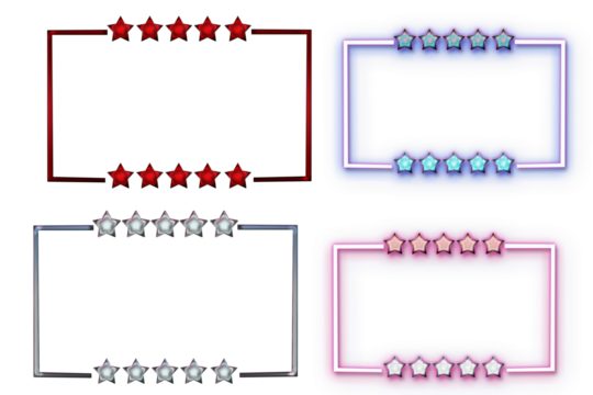 Neon and glossy rectangle shape with stars frame. Glowing neon border isolated on transparent background. Shine glow light neon design elements.. Banner, 