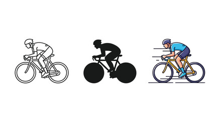 Obraz premium Set of three cyclist icons showing a person riding a racing bicycle in outline, silhouette and full color vector style