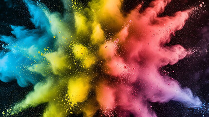 Obraz premium Explosion of vibrant rainbow colored powder against a dark background