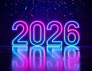 2026 neon glowing year celebration with confetti