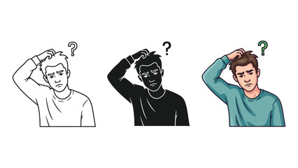 Set of three male characters showing confusion, scratching head with question mark above
